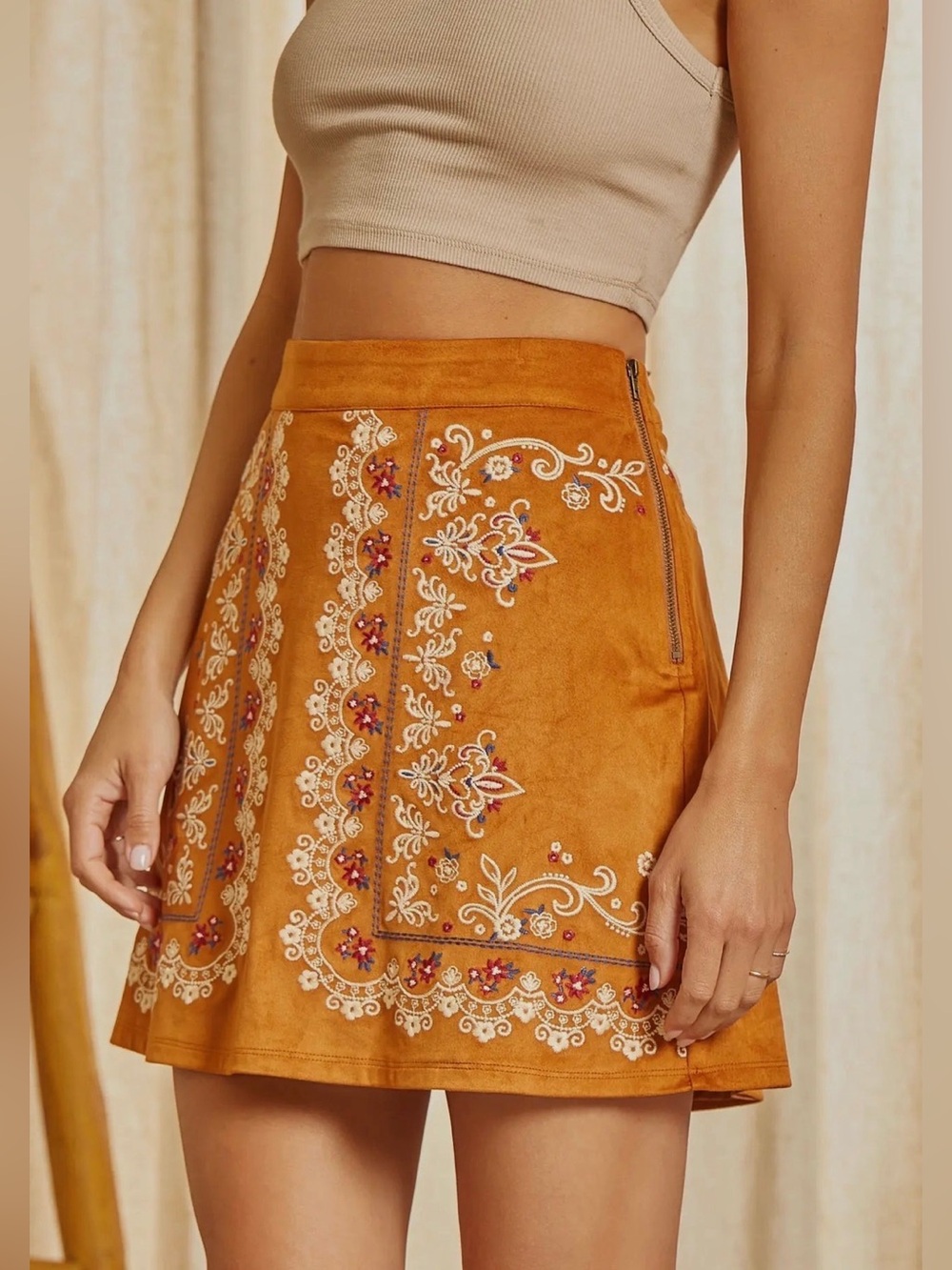 Savanna Jane Cognac Faux Suede Embroidered Bandana Boho Western Mini Skirt